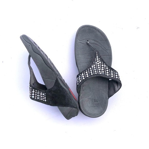 Fitflop Shoes - Fitflop Black Suede Thong Sandals Studs Rhinestones Sz 5